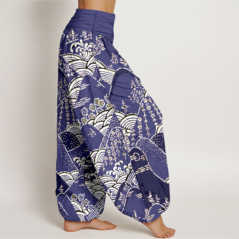 Buddha Stones Printed Mountains Waves Floral Pattern Women's Elastic Waist Harem Pure Cotton Pants - image 6