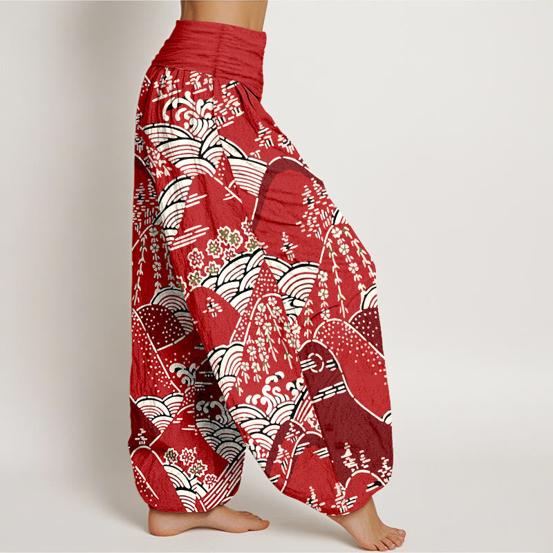 Buddha Stones Printed Mountains Waves Floral Pattern Women's Elastic Waist Harem Pure Cotton Pants - image 9