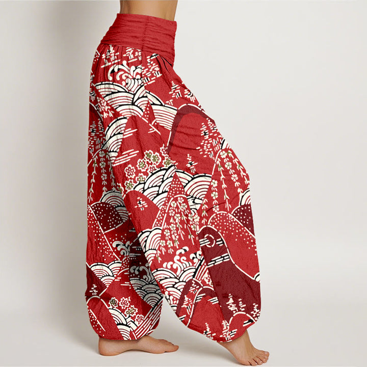 Buddha Stones Printed Mountains Waves Floral Pattern Women's Elastic Waist Harem Pure Cotton Pants - image 9
