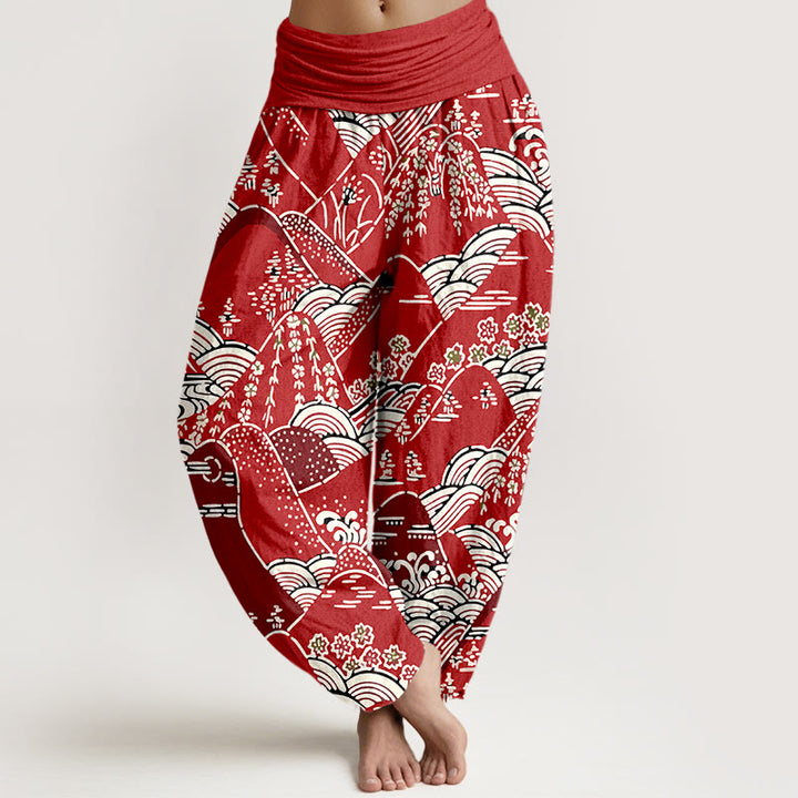 Buddha Stones Printed Mountains Waves Floral Pattern Women's Elastic Waist Harem Pure Cotton Pants - Crimson - US16，UK/AU20，EU48 (3XL) - image 8