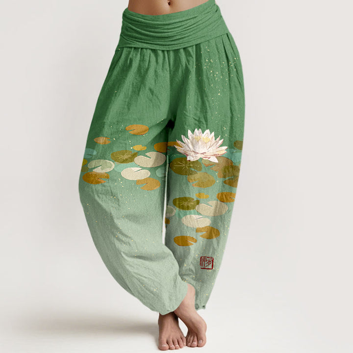 Buddha Stones Printed White Lotus Leaves Pattern Women's Elastic Waist Harem Pure Cotton Pants - MediumSeaGreen - US16，UK/AU20，EU48 (3XL) - image 0