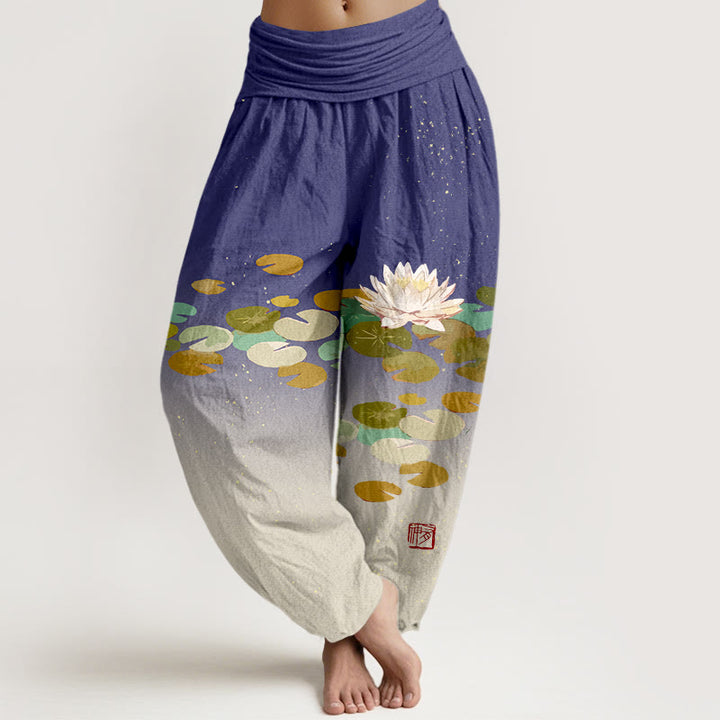 Buddha Stones Printed White Lotus Leaves Pattern Women's Elastic Waist Harem Pure Cotton Pants - DarkViolet - US16，UK/AU20，EU48 (3XL) - image 5