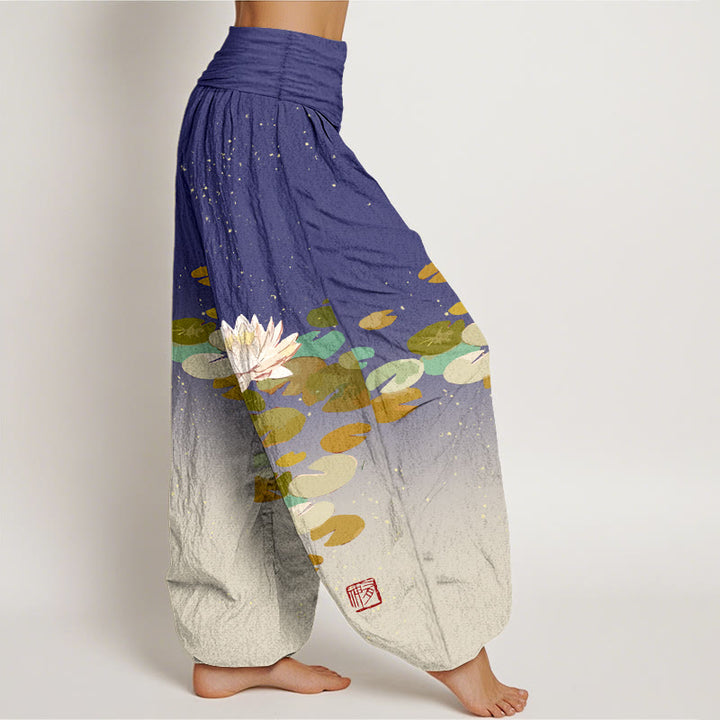 Buddha Stones Printed White Lotus Leaves Pattern Women's Elastic Waist Harem Pure Cotton Pants - image 6