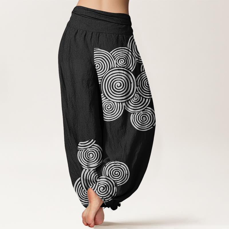 Buddha Stones Printed White Spiral Pattern Women's Elastic Waist Harem Pure Cotton Pants - image 7