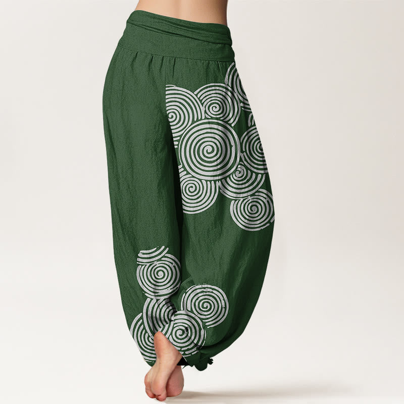 Buddha Stones Printed White Spiral Pattern Women's Elastic Waist Harem Pure Cotton Pants - image 10
