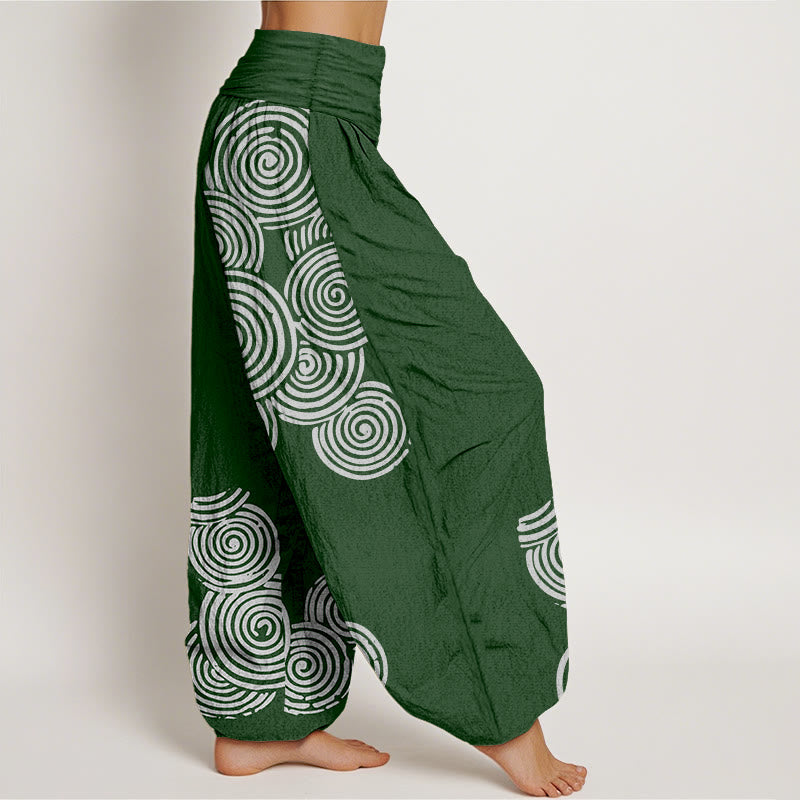 Buddha Stones Printed White Spiral Pattern Women's Elastic Waist Harem Pure Cotton Pants - image 9