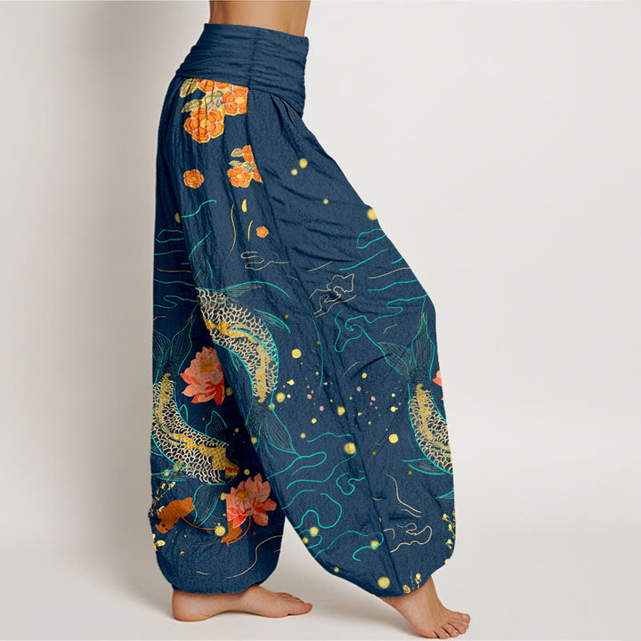 Buddha Stones Koi Fish Lotus Pattern Women's Elastic Waist Harem Pure Cotton Printed Pants - image 6