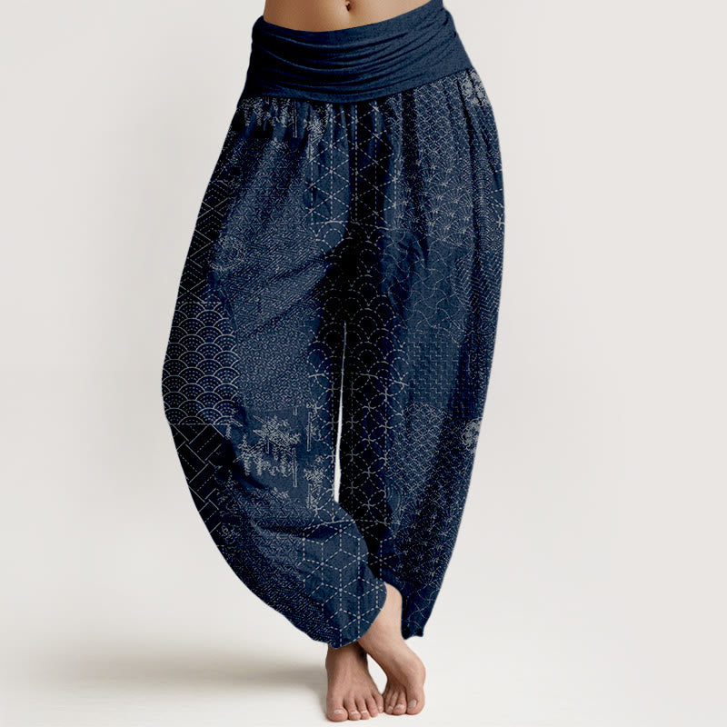 Buddha Stones Geometric Pattern Women's Elastic Waist Harem Pure Cotton Printed Pants - MidnightBlue - US16，UK/AU20，EU48 (3XL) - image 0