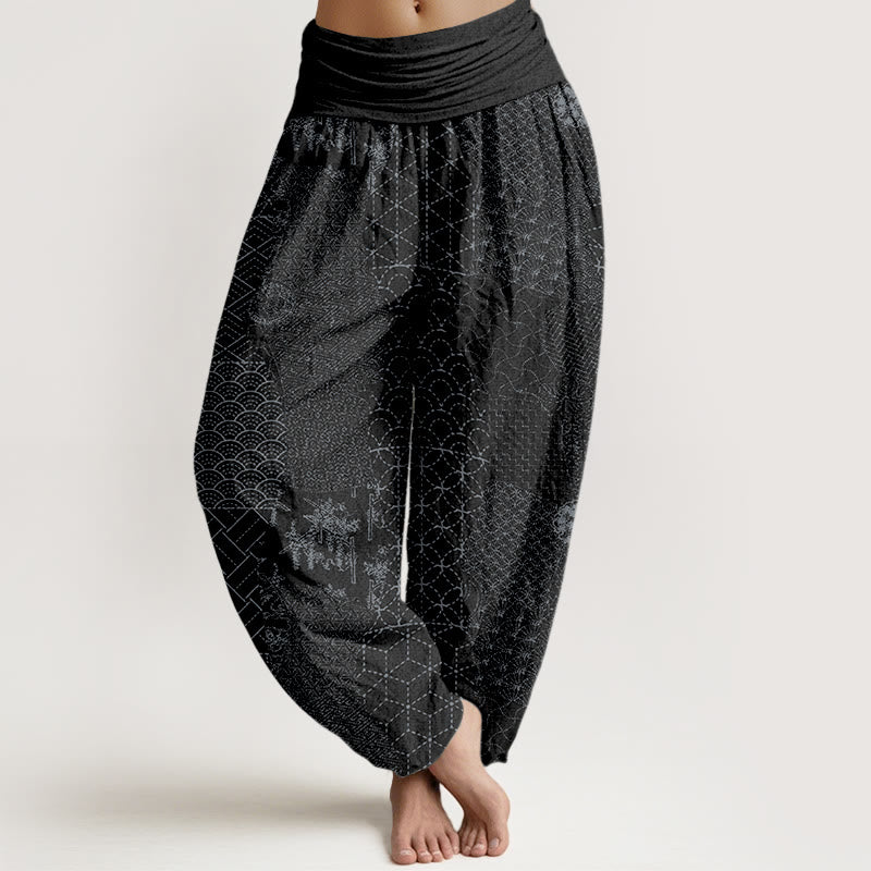 Buddha Stones Geometric Pattern Women's Elastic Waist Harem Pure Cotton Printed Pants - Black - US16，UK/AU20，EU48 (3XL) - image 8