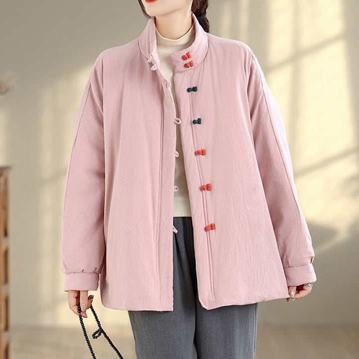 Buddha Stones Women's Winter Chinese Frog-Button Long Sleeve Cotton Thicken Jacket With Pockets - Pink - US14，UK/AU18，EU46 (2XL) - image 0