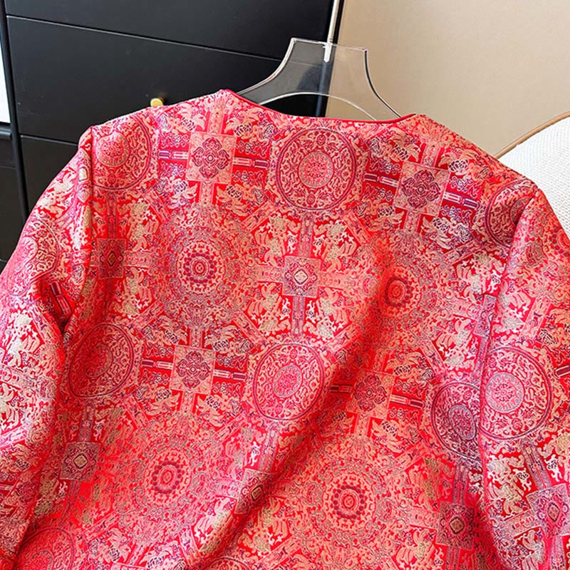 Buddha Stones Women's Jacquard Symmetric Floral Pattern Long Sleeve Jacket With Pockets - image 4