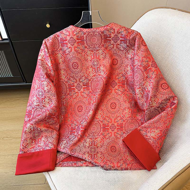 Buddha Stones Women's Jacquard Symmetric Floral Pattern Long Sleeve Jacket With Pockets - image 2
