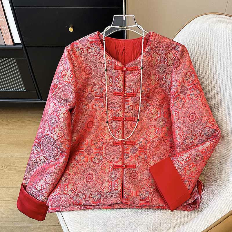 Buddha Stones Women's Jacquard Symmetric Floral Pattern Long Sleeve Jacket With Pockets - Red - US8-10，UK/AU12-14，EU40-42 (2XL) - image 0