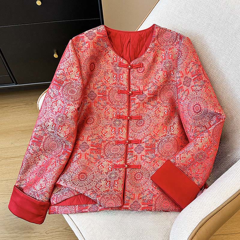 Buddha Stones Women's Jacquard Symmetric Floral Pattern Long Sleeve Cotton Jacket With Pockets - image 1
