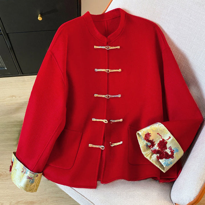 Buddha Stones Winter Embroidery Buttons Design Long Sleeve Women's Cotton Jacket With Pockets - image 1