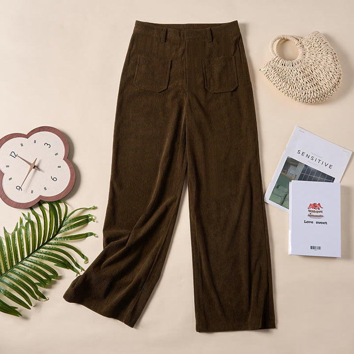 Buddha Stones Plain Corduroy Polyester Women's Buttons Wide Leg Pants With Pockets - image 3