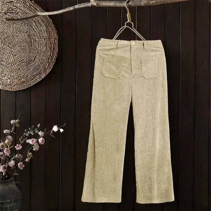 Buddha Stones Plain Corduroy Polyester Women's Buttons Wide Leg Pants With Pockets - Beige - US14，UK/AU18，EU46 (2XL) - image 9