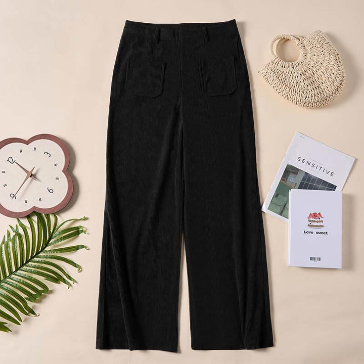 Buddha Stones Plain Corduroy Polyester Women's Buttons Wide Leg Pants With Pockets - image 23