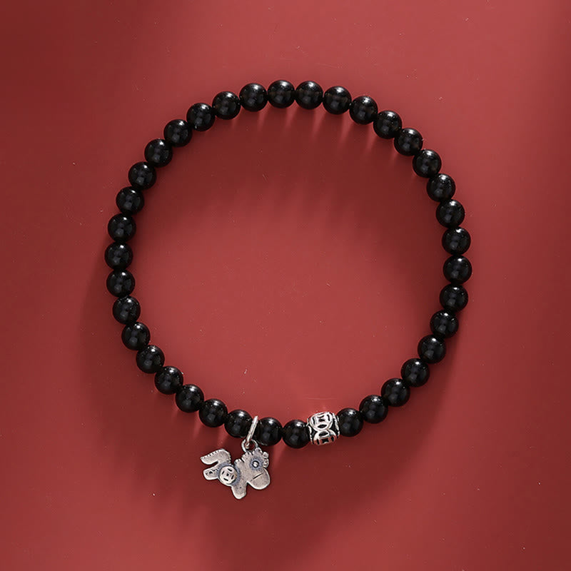 Buddha Stones Year Of The Horse 925 Sterling Silver Natural Black Obsidian Strength Bracelet - Horse & 925 Sterling Silver & Black Obsidian(Wrist Circumference 16-17cm) - image 0