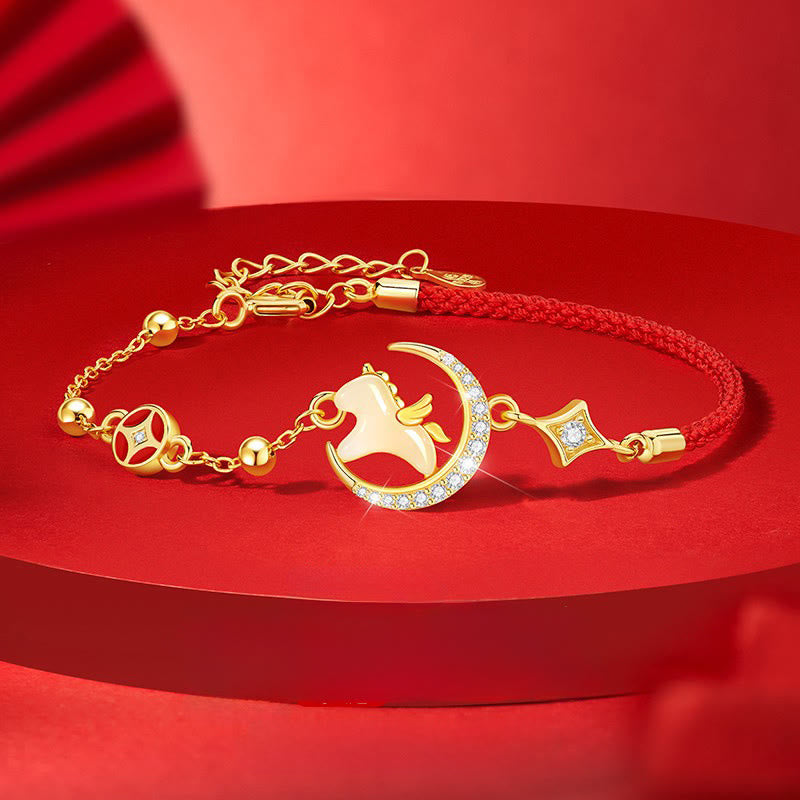Buddha Stones Hetian Jade Year Of The Horse 925 Sterling Silver Zircon Abundance Red Rope Bracelet - Horse & 925 Sterling Silver & Red String(Wrist Circumference 14-18cm) - image 0