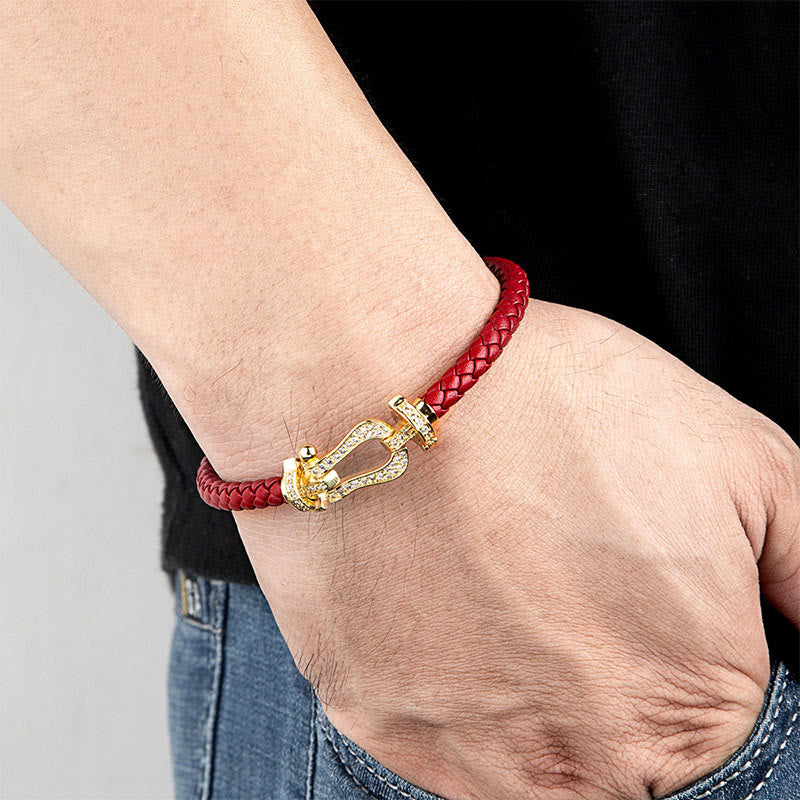 Buddha Stones Copper Balance horseshoe-Shaped Zircon Leather Buckle Bracelet - image 2