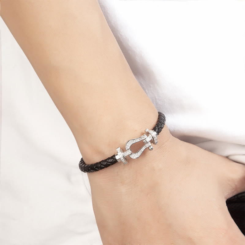 Buddha Stones Copper Balance horseshoe-Shaped Zircon Leather Buckle Bracelet - image 9