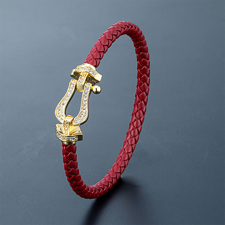 Buddha Stones Copper Balance horseshoe-Shaped Zircon Leather Buckle Bracelet - image 1