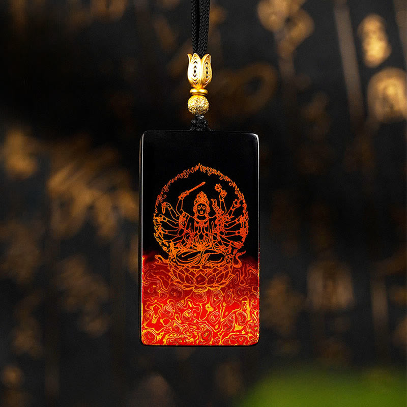 Buddha Stones Chinese Zodiac Natal Buddha Fu Character Lacquer Craft Sandalwood Pendant Necklace - Rat-Thousand-armed Avalokitesvara - image 1