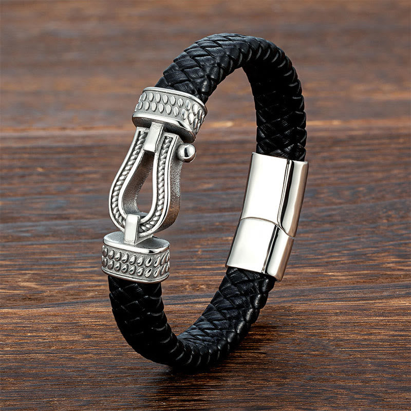 Buddha Stones Leather horseshoe-Shaped Titanium Steel Balance Braided Magnetic Buckle Bracelet - White & Titanium Steel - 23cm - image 0