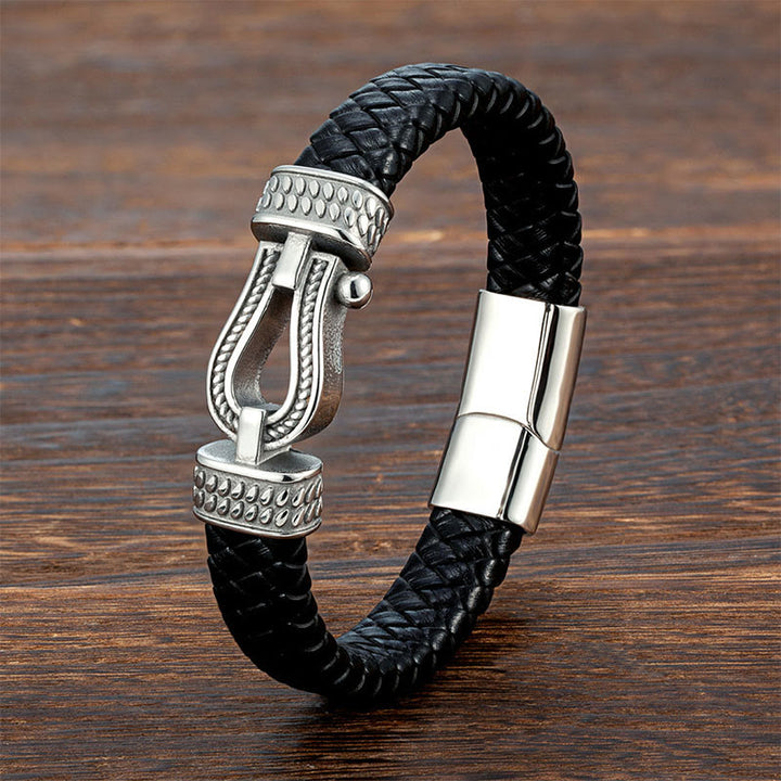 Buddha Stones Leather horseshoe-Shaped Titanium Steel Balance Braided Magnetic Buckle Bracelet - White & Titanium Steel - 23cm - image 0