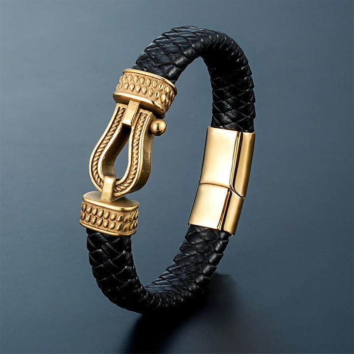 Buddha Stones Leather horseshoe-Shaped Titanium Steel Balance Braided Magnetic Buckle Bracelet - Golden & Titanium Steel - 23cm - image 4