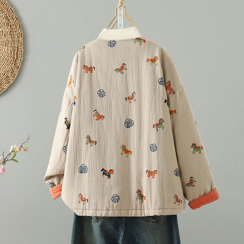 Buddha Stones Horse Fu Character Pattern Frog-Button Design Women's Long Sleeve Thickened Jacket - image 1