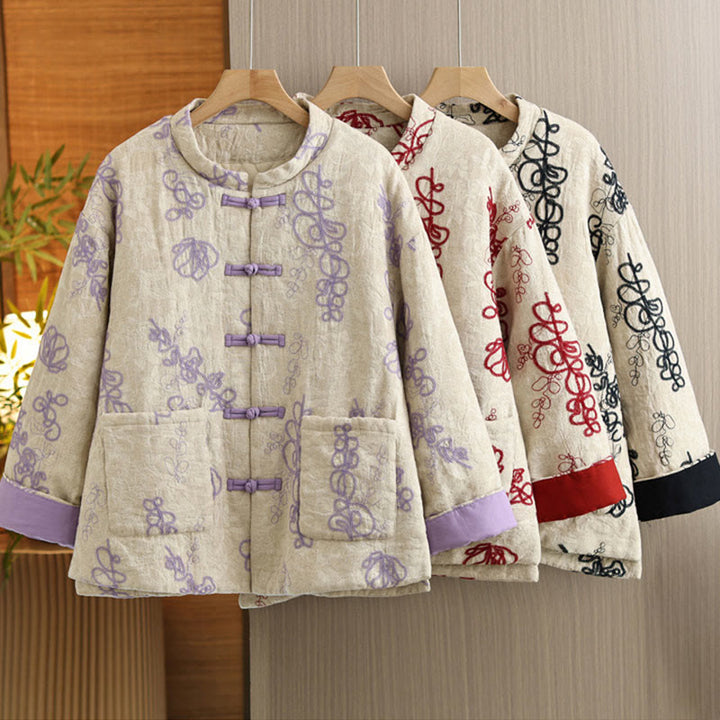 Buddha Stones Women's Winter Long Sleeve Stand Collar Frog-buttons Cotton-padded Jacket With Pockets - image 26