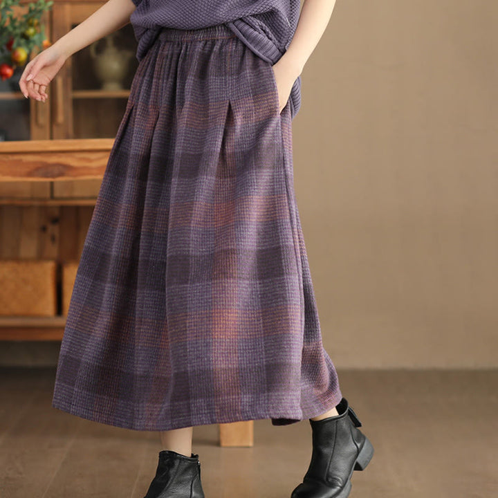 Buddha Stones Women's Winter Plaid Pattern Cotton Thermal 7-8 Length Skirt With Pockets - image 1
