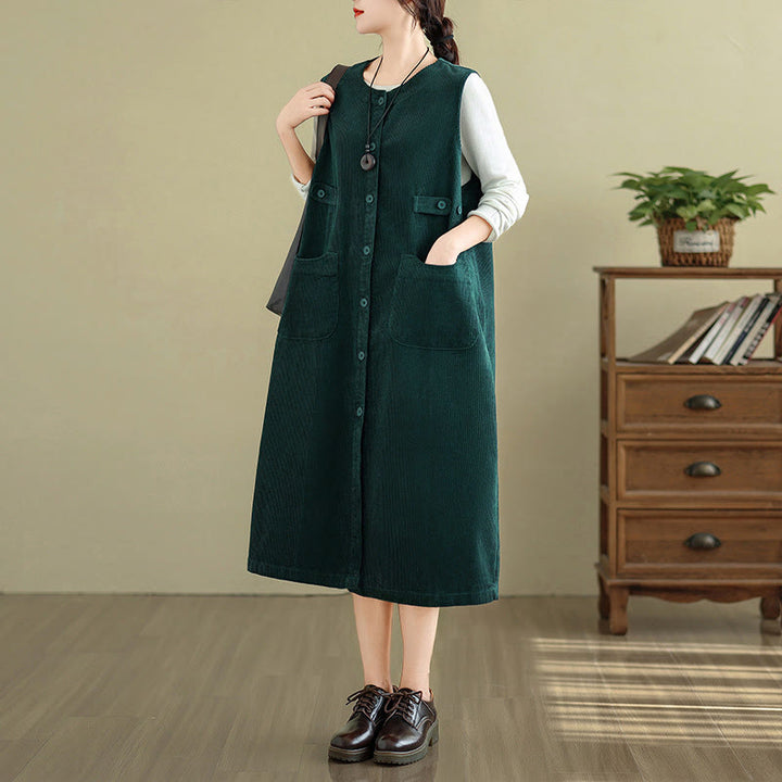 Buddha Stones Pure Colo Buttons Sleeveless Midi Dress With Pockets - image 7