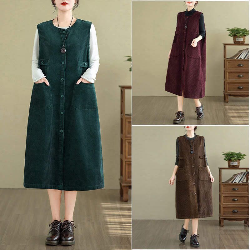 Buddha Stones Pure Colo Buttons Sleeveless Midi Dress With Pockets - image 21