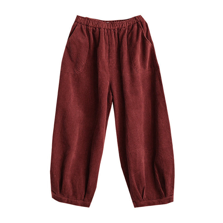 Buddha Stones Plain Elastic Waistband Design Women's Corduroy Harem Pants With Pockets - image 21