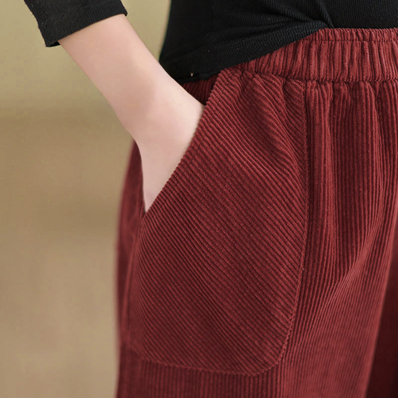 Buddha Stones Plain Elastic Waistband Design Women's Corduroy Harem Pants With Pockets - image 19