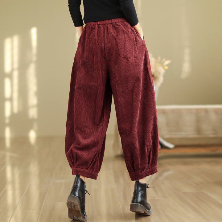 Buddha Stones Plain Elastic Waistband Design Women's Corduroy Harem Pants With Pockets - image 17