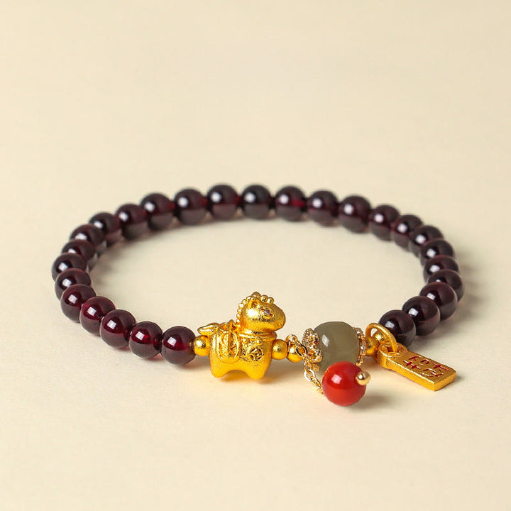 Buddha Stones Year Of The Horse Garnet Fu Character Lucky Fortune Charm Protection Bracelet - Horse get money(Wrist Circumference: 16-17cm) - image 0