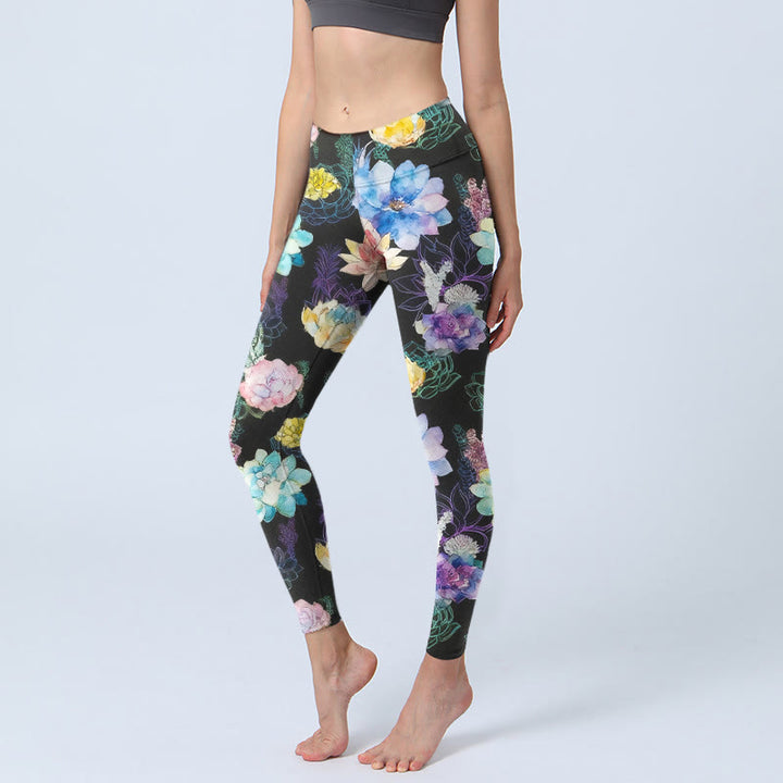 Buddha Stones Colorful Watercolor Style Flower Pattern Print Gym Leggings Women's Yoga Pants - Black - US18，UK/AU22，EU50 (4XL) - image 0