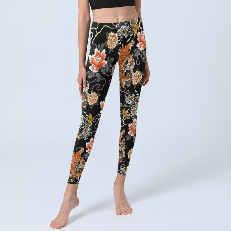 Buddha Stones Koi Fish Peony Chrysanthemum Clouds Pattern Print Gym Leggings Women's Yoga Pants - image 5