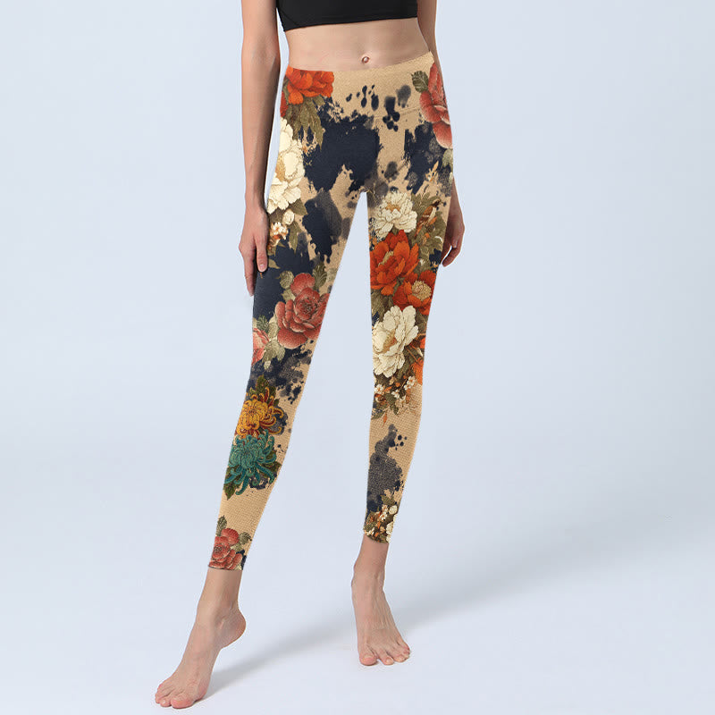 Buddha Stones Ink Painting Style Peony Chrysanthemums Pattern Print Gym Leggings Women's Yoga Pants - image 5