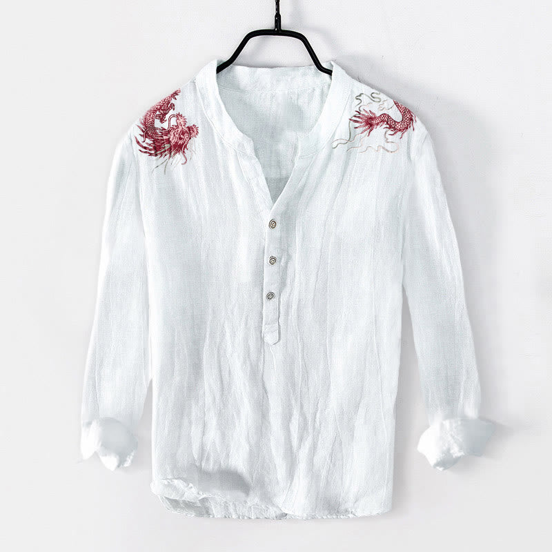 Buddha Stones Red Dragon Pattern Half Buttons Men's Cotton Linen Long Sleeve Shirt - White - US/UK/AU50，EU60 (5XL) - image 3