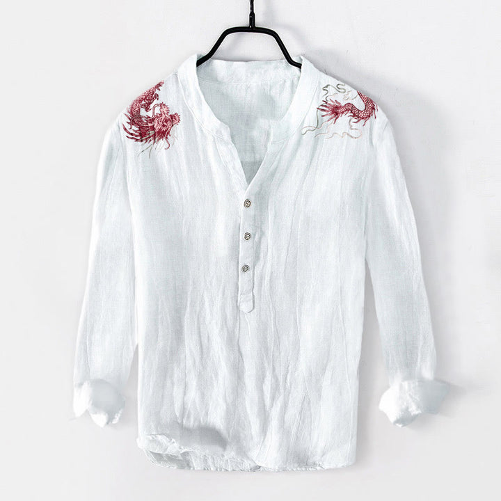 Buddha Stones Red Dragon Pattern Half Buttons Men's Cotton Linen Long Sleeve Shirt - White - US/UK/AU50，EU60 (5XL) - image 3