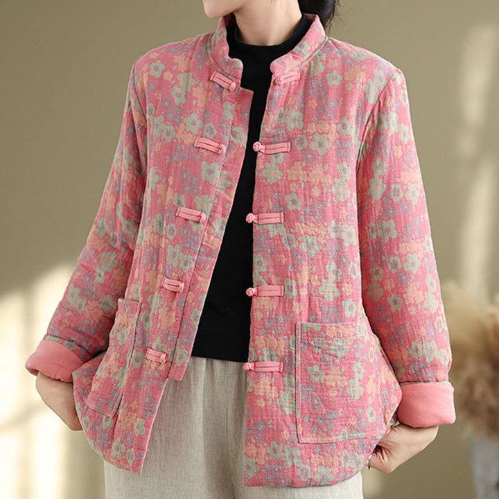 Buddha Stones Women's Winter Thicken Cotton Floral Pattern Long Sleeve Jacket With Pockets - image 9