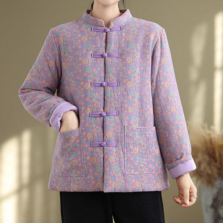 Buddha Stones Women's Winter Thicken Cotton Floral Pattern Long Sleeve Jacket With Pockets - image 18