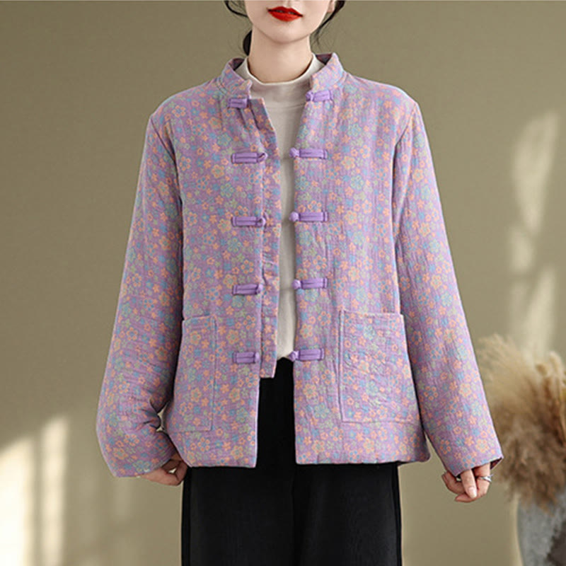 Buddha Stones Women's Winter Thicken Cotton Floral Pattern Long Sleeve Jacket With Pockets - image 21
