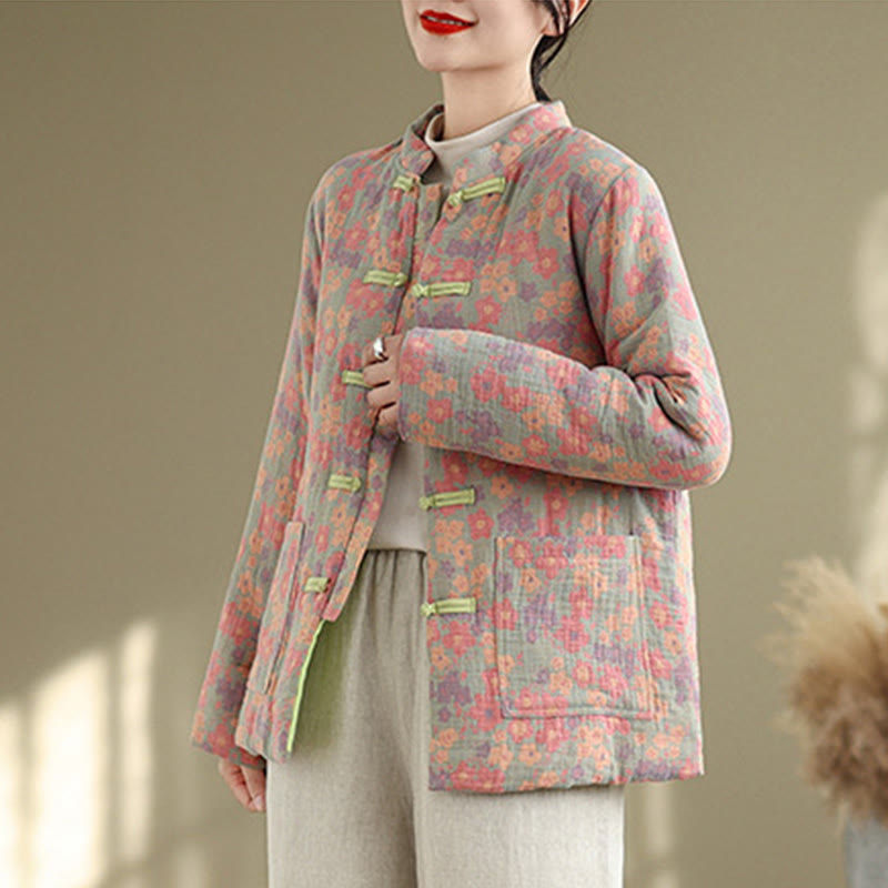 Buddha Stones Women's Winter Thicken Cotton Floral Pattern Long Sleeve Jacket With Pockets - image 3