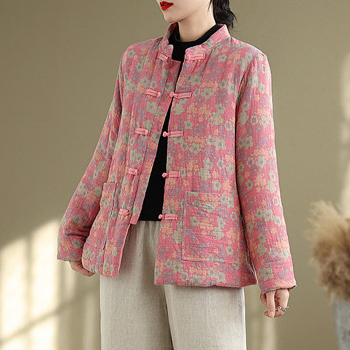 Buddha Stones Women's Winter Thicken Cotton Floral Pattern Long Sleeve Jacket With Pockets - image 12